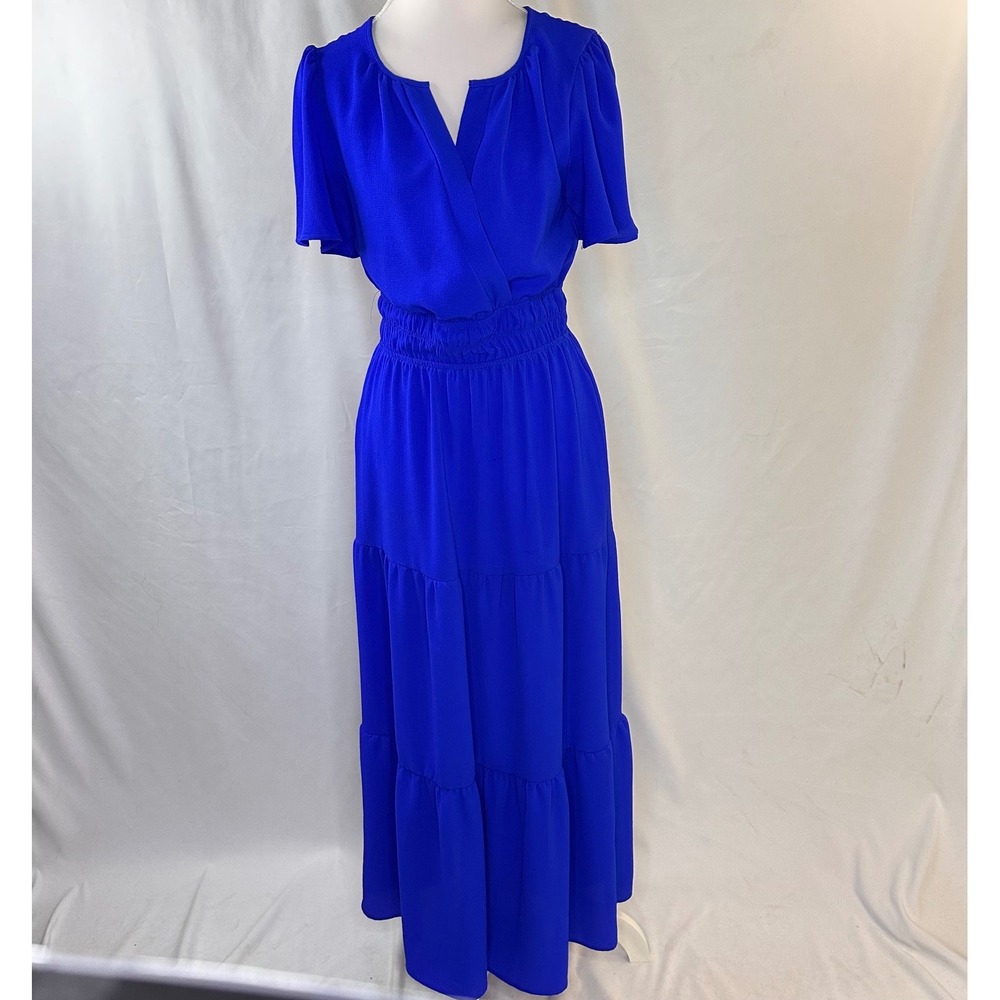 Monteau M Maxi Dress Royal Blue Tiered Smocked Short Sleeve Boho Romantic Cruise